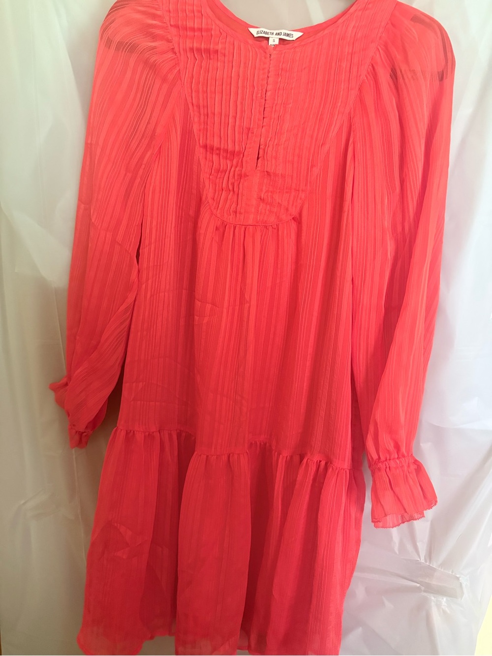 Elizabeth and James Orange Pleated Tiered Long-Sleeve Dress